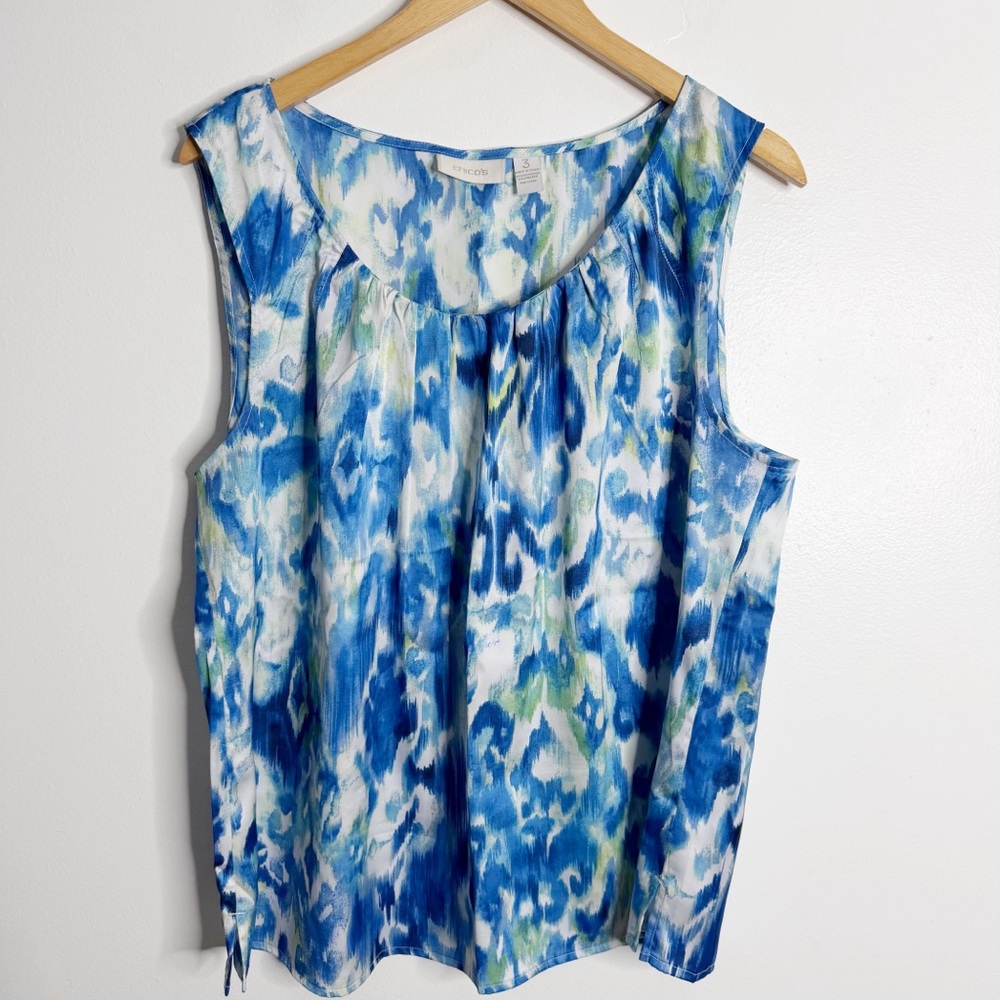 Chico's Blue White Green Abstract Watercolor Sleeveless Tank